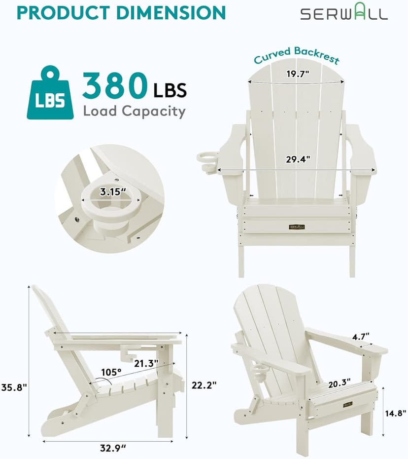 SERWALL Folding Adirondack Chair Set of 2, All Weather Patio Chair with Wood Texture, Fire Pit Chairs for Outdoor - White
