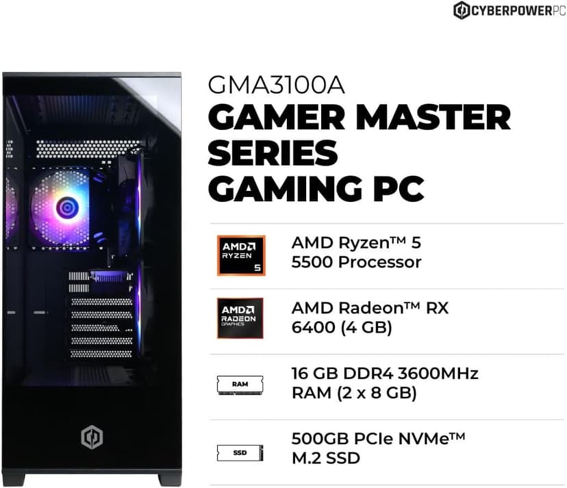 CyberPowerPC Gamer Master Gaming PC, AMD Ryzen 5 5500 3.6GHz, Radeon RX 6400 4GB, 16GB DDR4, 500GB PCIe Gen4 SSD, WiFi Ready & Windows 11 Home (GMA3100A)