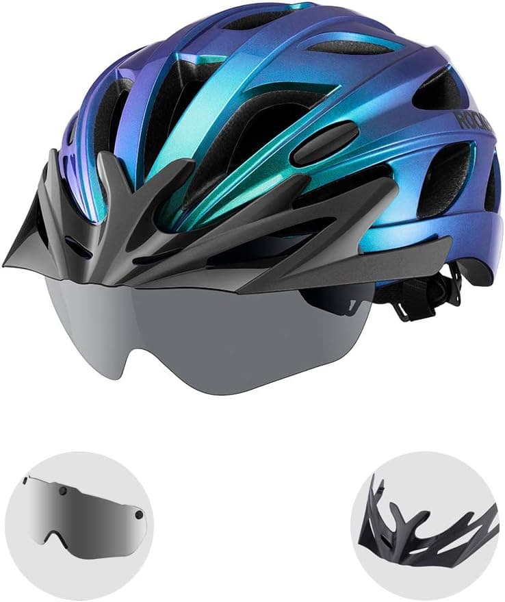 ROCKBROS Bike Helmet for Adult Men Women with Suggested Fit 58-65cm, Detachable Magnetic Goggles & Sun Visor, Lightweight with Adjustable Side and Chin Strap, Suitable for Myopia Glasses