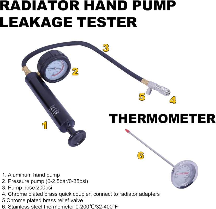 28pcs Universal Radiator Pressure Tester Kit, Tester Pneumatic Vacuum Cooling System Purge Refill Leak/Refiller Set, Universal Automotive Domestic/Import Vehicles, Motorcycle