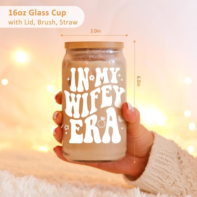 Fairy's Gift Wifey Era Cup, Wedding, Bride Gifts for Her, Bridal Shower, Engagement Gifts for Women, Couples, 16 oz Coffee Glass Cups w/Lids Straws, Bachelorette Presents for Bride to be, Future Mrs