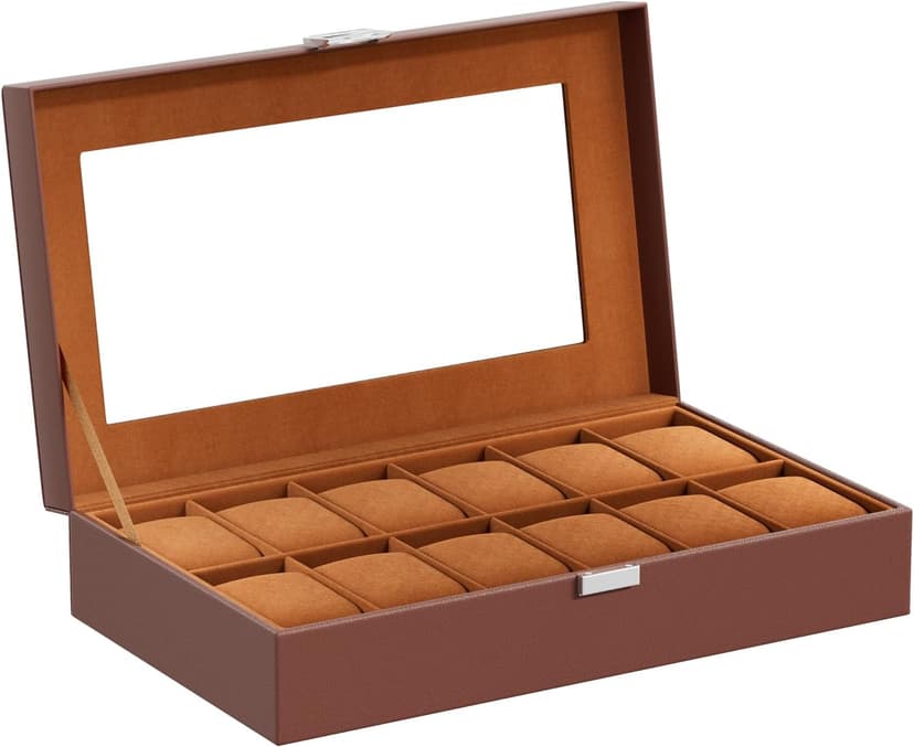 ProCase ProCase Watch Box Organizer, 12 Slot Watch Display Case With Glass Lid, Watch Storage Holder Mens Watch Case, Anniversary Birthday Valentine Gifts for Men Women -12 Slot, Brown
