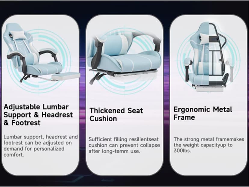 Gaming Desk Chair for Adults, Ergonomic Gaming Chair with Footrest & Headrest and Lumbar Support, Leather Material Height Adjustable Computer Video Game Chairs (Blue+White)