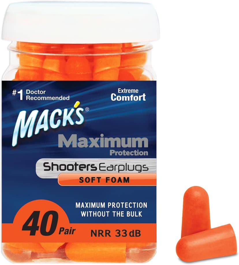 Mack's Maximum Protection Soft Foam Shooting Ear Plugs, 40 Pair – 33 dB Highest NRR – Comfortable Earplugs for Hunting, Tactical, Target, Skeet and Trap Shooting | Made in USA