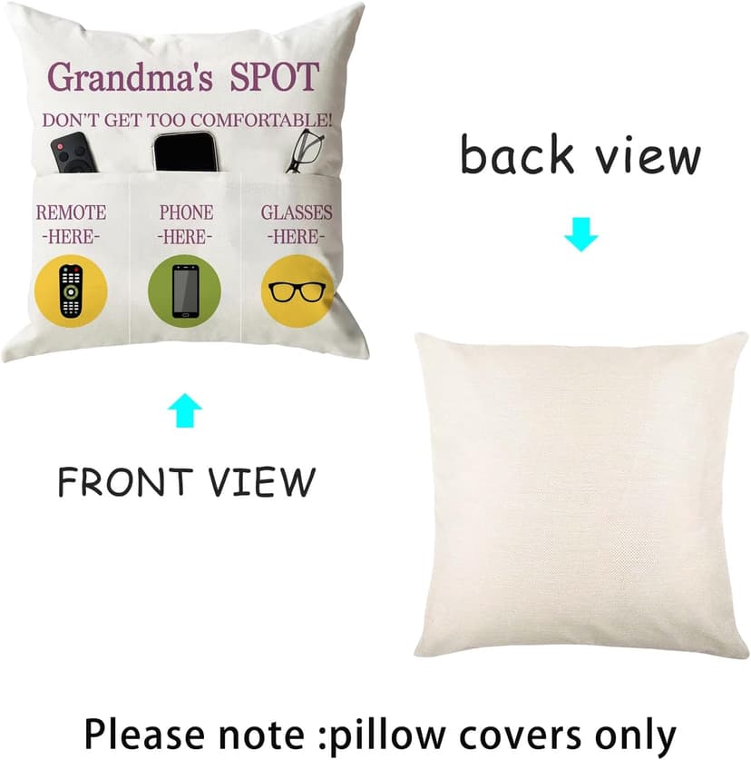 ONFAON Grandma Gifts, Grandma's Spot Throw Pillow Covers 18x18 Inch,Put Phone Glasses and Remote Control Pillowcase,Birthday Christmas hanksgiving Day Gifts for Grandma Mom,3-Pocket