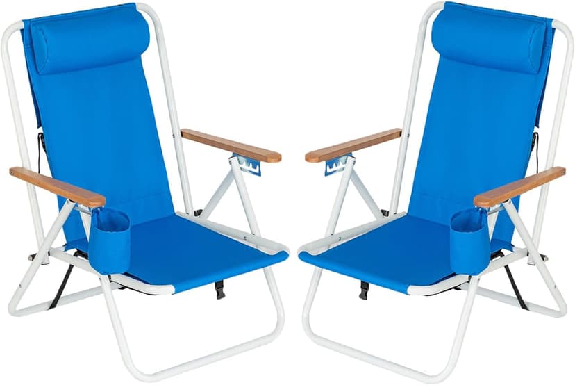 Set of 2 Folding Backpack Beach Chairs for Adults,Outdoor Folding Heavy Duty Camping Chair with Large Pockets and Cup Holder,Adjustable high Beach Lounge Chairs for Outdoor,Travel (Blue)