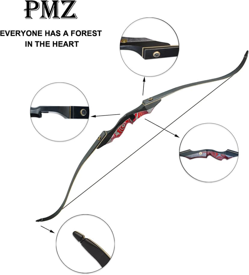 PMZ Recurve Bow and Arrow Set, Newset Professional Aldults Archery Hunting Bow Kit, 60'' Wooden Takedown Bow, for Youth Beginners to Advanced Outdoor Practice & Hunting, Right Hand, 20-60 lbs
