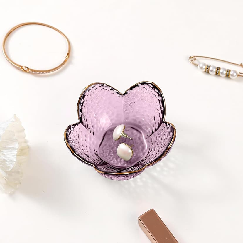 Purple Flower Jewelry Dish Glass Ring Dish Jewelry Tray Cute Vanity Organiser Room Decor Aesthetic Nightstand Bathroom Decor Trinket Dish Ring Holder Valentine's Friendship Birthday Gifts for Women