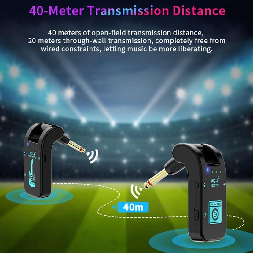 Wireless Guitar System 2.4 GHz with 8 Channels Rechargeable Audio Wireless Guitar Transmitter Receiver for Electric Guitar Bass Electric Wind Instruments,48K/16bit Real-time Transmissio (Black)