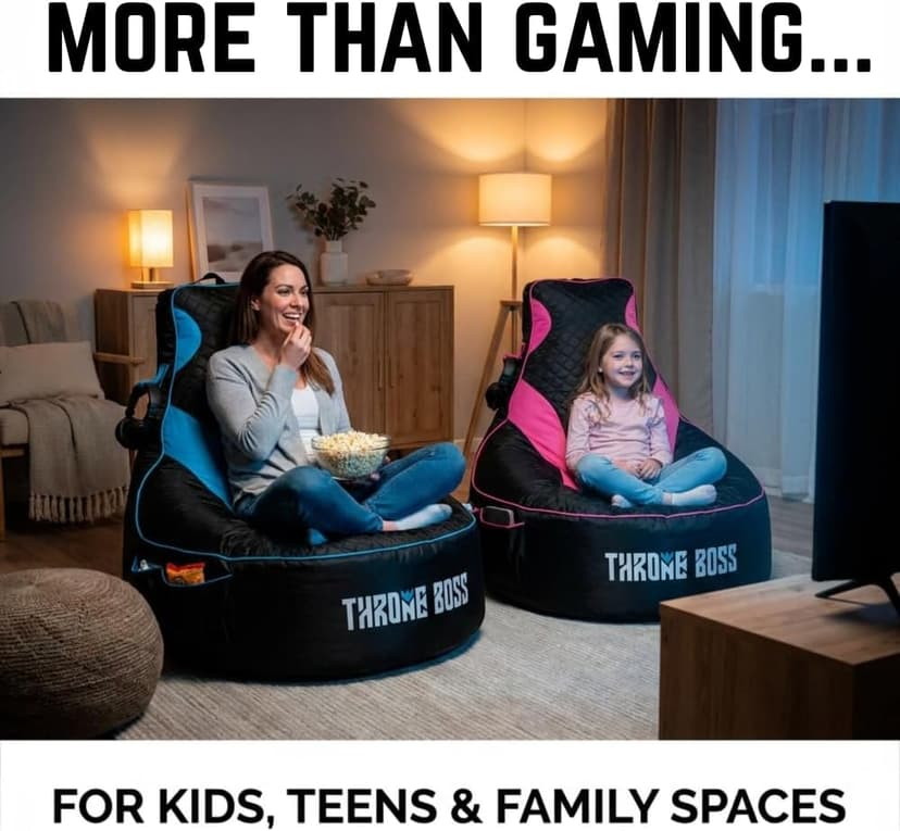 Throne Boss Gaming Bean Bag Chair Cover for Adults with High Back, Red – Large Floor Gaming Chair Cover, Easy to Clean Fabric, Large Pockets, Headphone Hanger, Requires 350 Liters Polystyrene Beans