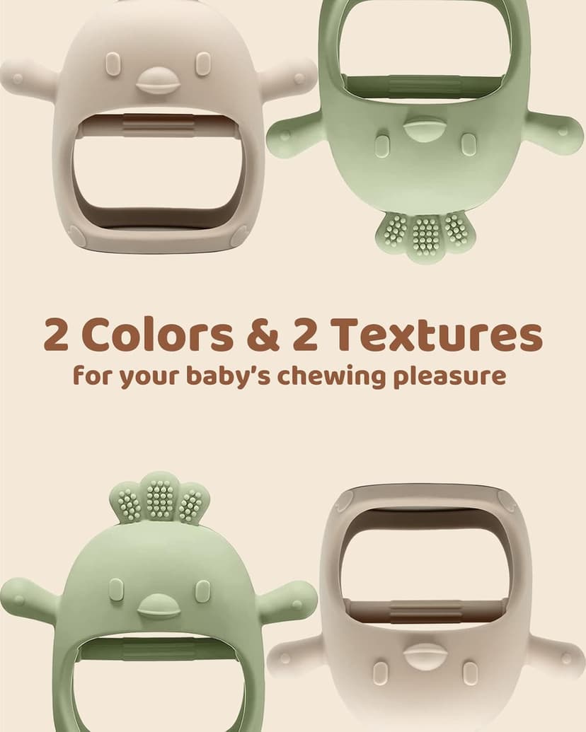 2 Pack Baby Teething Toy Silicone Teething Mitten for Babies Over 3 Months Anti Dropping Wrist Hand Teethers Baby Chew Toys for Sucking Needs, BPA Free (Green & Caramel)