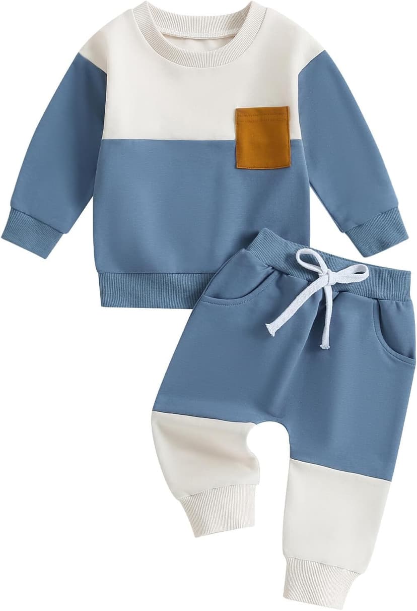3 6 12 18 24 Months 2T 3T 4T 5T Boy Clothes Toddler Fall Winter Outfit Contrast Color Long Sleeve Pullover and Joggers Set Kupretty Toddler Baby Boy Clothes Color Block Sweatshirt Pants Set B0C69FLN77