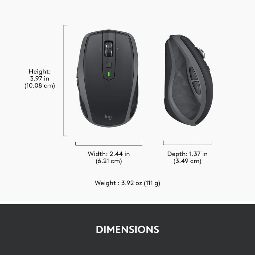 Logitech MX Anywhere 2S Bluetooth Edition Compact Wireless Mouse, No USB Receiver - Use On Any Surface, Hyper-Fast Scrolling, Rechargeable, Control Up to 3 Apple Mac and Windows Computers and Laptops