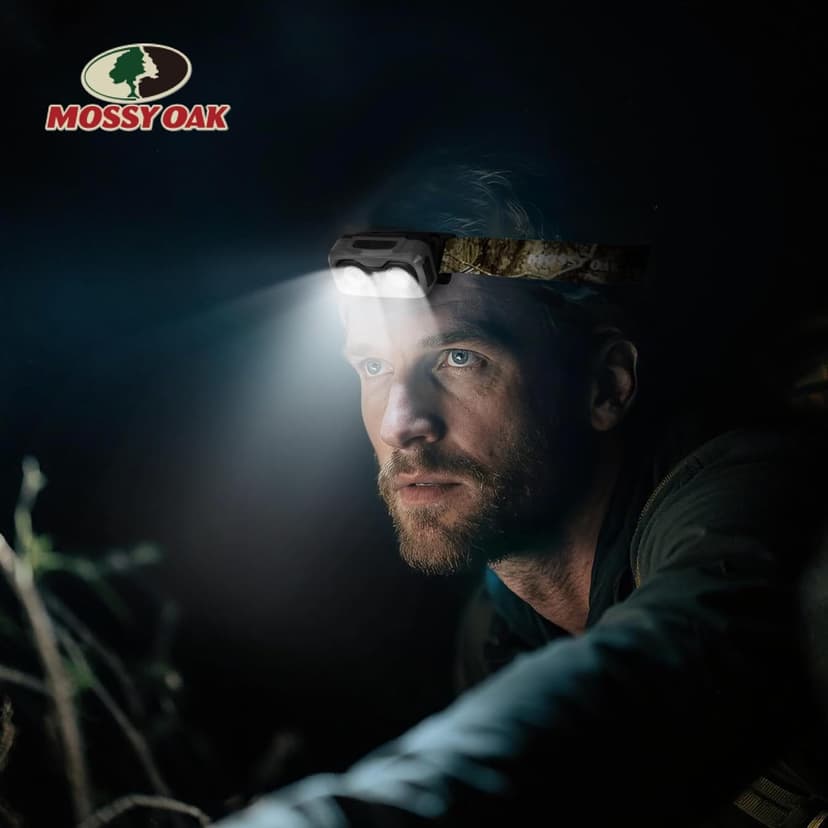 Mossy Oak 600 Lumens Rechargeable Headlamp, Lightweight LED Headlight with White & Red Light, Waterproof Head Lamp with Non-Slip Band, Dimmable & Memory Function for Hunting, Camping, Power Outage