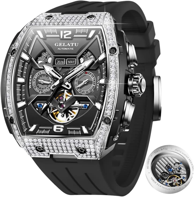 OLEVS GELATU Watch for Men Mechanical Luxury Diamond Watch Skeleton Automatic 50M Waterproof Sapphire Crystal Square Face Multi Calendar Function