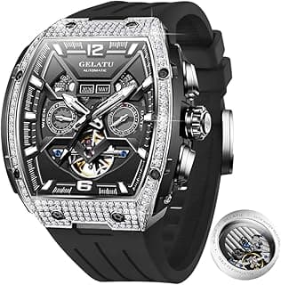 OLEVS GELATU Watch for Men Mechanical Luxury Diamond Watch Skeleton Automatic 50M Waterproof Sapphire Crystal Square Face Multi Calendar Function