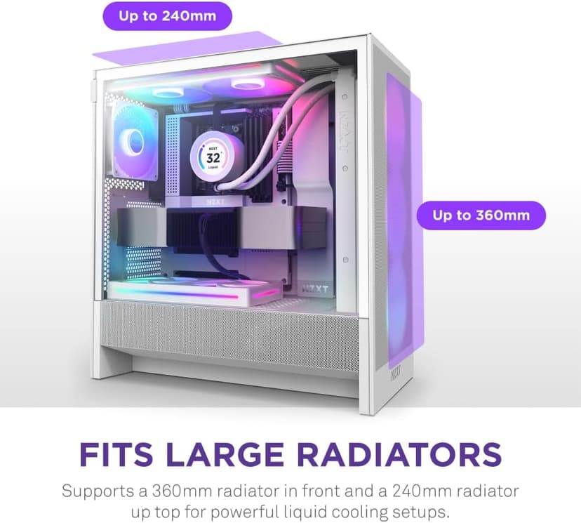 NZXT H5 Flow RGB 2024 - Compact ATX Mid-Tower PC Gaming Case - High Airflow - F360 RGB Core (CV) Included - 360mm Front & 240mm Top Radiator Support - Cable Management - Tempered Glass - White