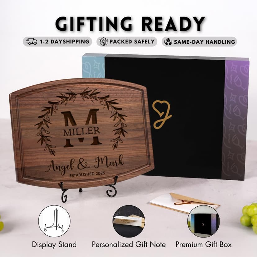 Personalized Wedding Gifts for Couples 2025, Custom Walnut Cutting Board for Kitchen, Personalized Bridal Shower, Best Wedding Registry and Engagment Gift