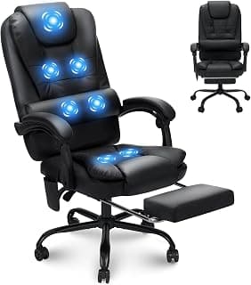 HOFFREE Massage Office Chair with Foot Rest 7 Points Vibration Ergonomic Executive Desk Chair Leather Computer Office Chair Black
