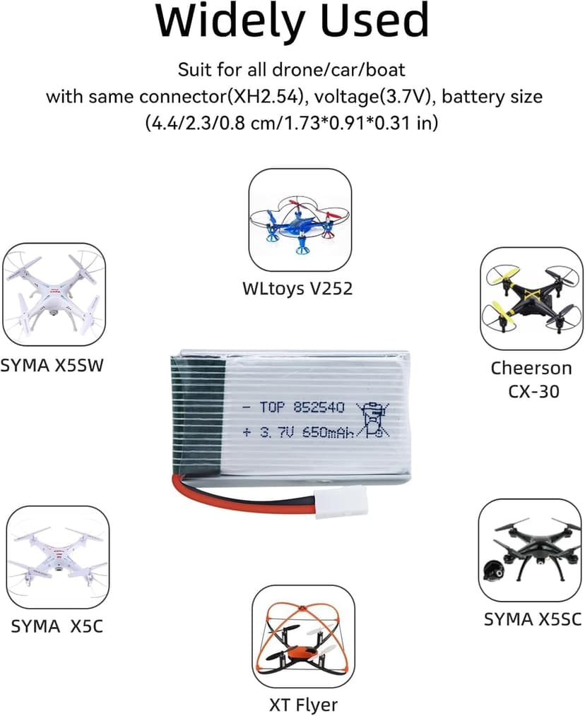 3.7v Drone Lipo Battery - 2 Pack 650mAh Rechargeable Batteries for SYMA X5 Serial UVA Quadcopter Drones XH2.54 Connector with 2 Chargers SYMA X5C X5SW X5SC WLtoys V252 XT Flyer