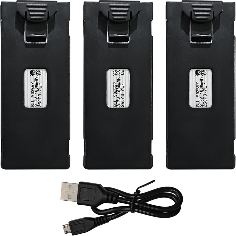 sea jump 3PCS 3.7V 1000mAh Lipo Battery with USB Charging Cable Suitable for E88 E88MAX E99 E99MAX BD101 P15PRO P8 A13 A15 K10MAX RC Drone, Aerial Quadcopters High-Capacity Battery Spare Parts