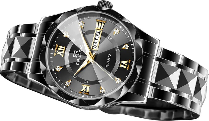 Credrio Watch for Men Stainless Steel Waterproof Diamond Business Dress Analog Quartz Luminous Date Two Tone Luxury Casual Wrist Watch