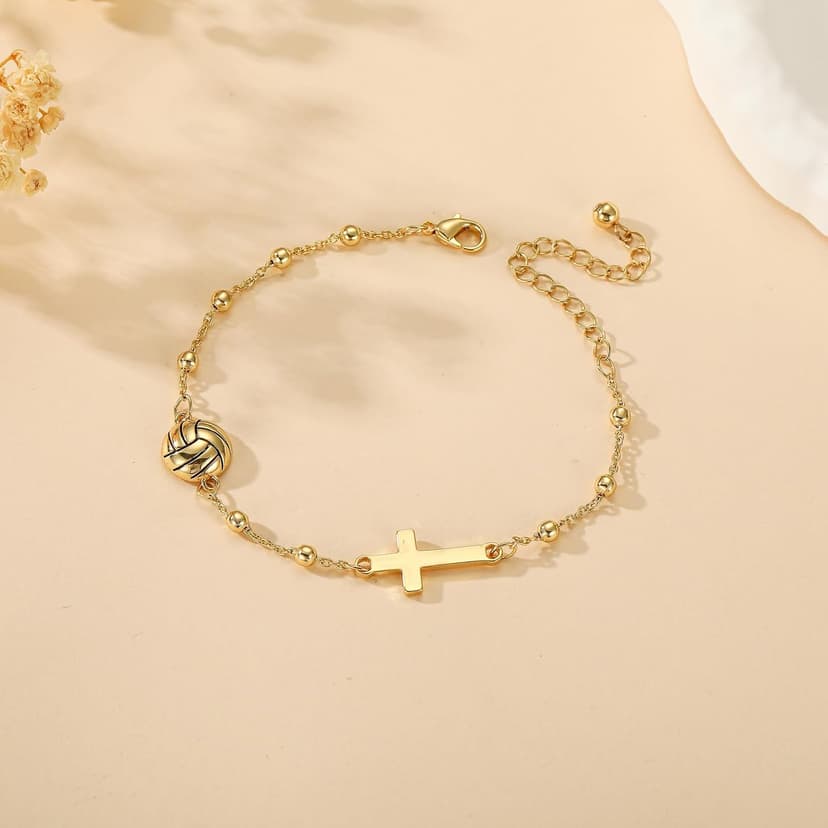 Softball/Volleyball/Soccer/Basketball Football Bracelet for Girls Women, 14K Gold Plated Cross Link Chain Sport Accessories Christian Jewelry Gifts for Teens Team Coach Players B0FSKVMR16