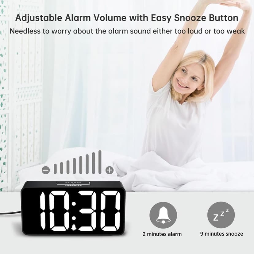DreamSky Small Digital Alarm Clock for Bederoom, Large Big Numbers Display with Dimmer for Living Room, Electric Bedside Desk Clock with USB Charging Port, Adjustable Volume, USB-C Adapter Powered