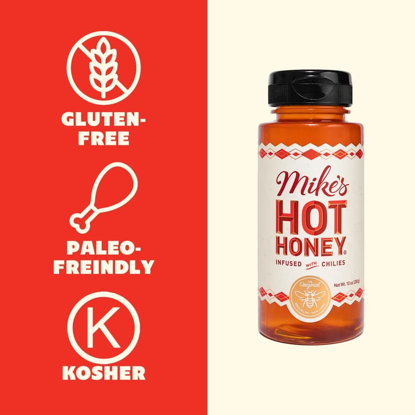 Mike's Hot Honey, America's #1 Brand of Hot Honey, Spicy Honey Infused with Chili Peppers, Certified Kosher, Gluten-Free, Paleo-Friendly, Sweet Heat, Perfect for Hot Sauce Lovers (10oz Bottle, 1 Pack)