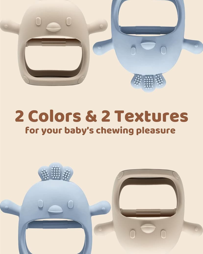 2 Pack Baby Teething Toy Silicone Teething Mitten for Babies Over 3 Months Anti Dropping Wrist Hand Teethers Baby Chew Toys for Sucking Needs, BPA Free (Blue & Caramel)