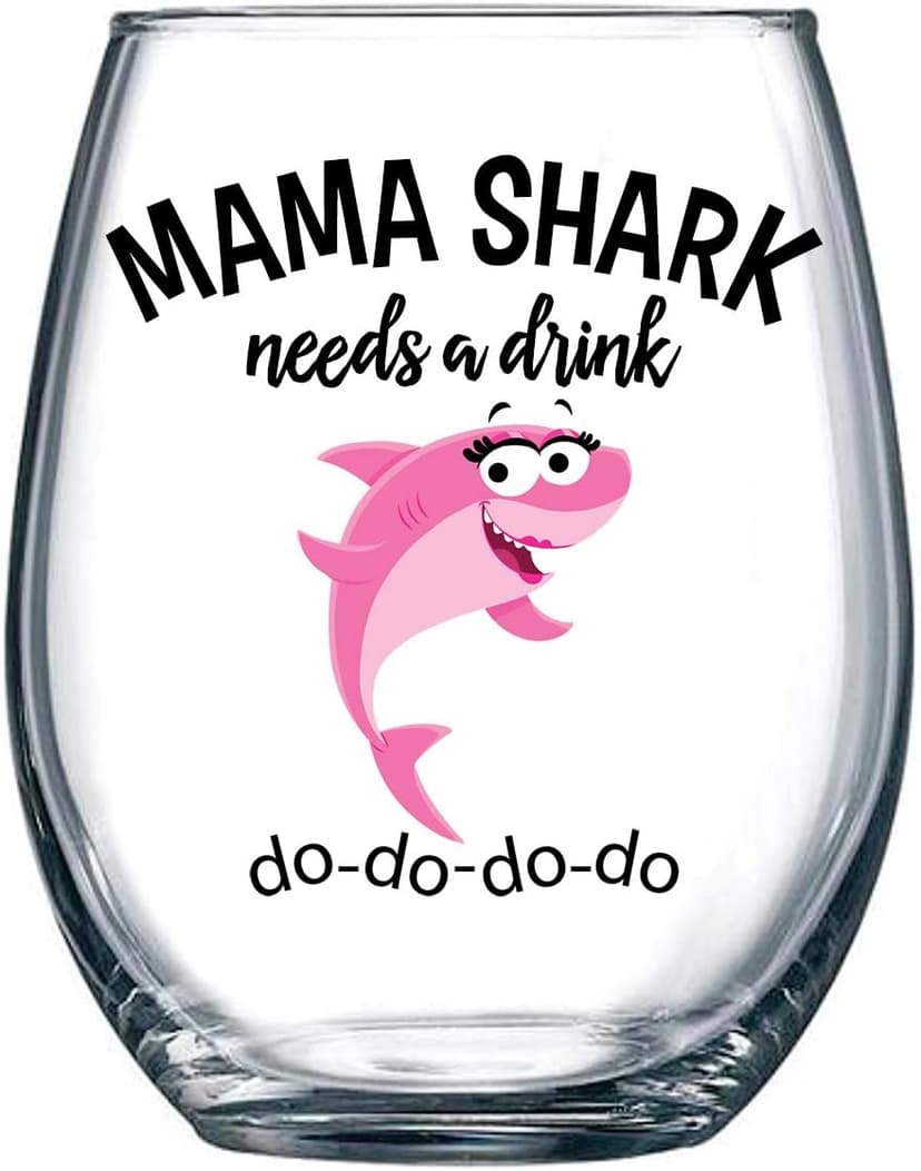 Mama Shark Needs a Drink Funny Wine Glass - Mom Gift For Birthdays, Mother's Day, Christmas, Holidays or Just Because - Stemless