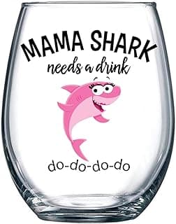 Mama Shark Needs a Drink Funny Wine Glass - Mom Gift For Birthdays, Mother's Day, Christmas, Holidays or Just Because - Stemless