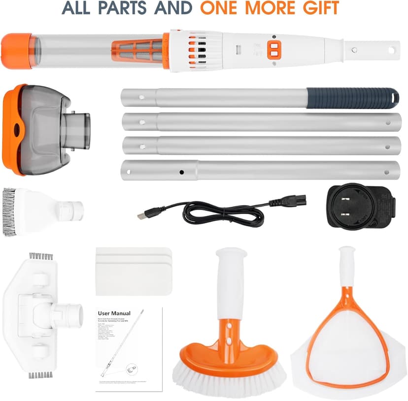 All in ONE Rechargeable Pool & Spa Hot Tub Vacuum Cleaner - Dual Mode & Magnetic Drive System, 25µm Ultra Fine Mesh Filters for Hot Tub, Small Above Ground Pools, 60 Mins (Orange)
