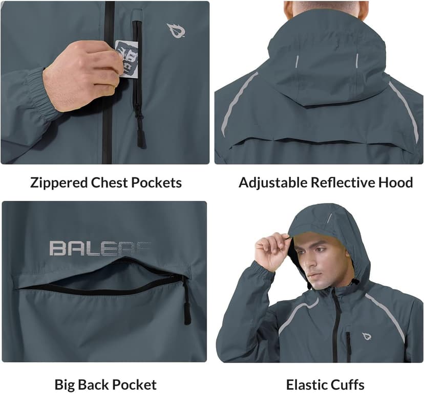 baleaf Men's Rain Jacket Waterproof Windbreaker Raincoat Running Cycling Hiking Gear Hood Lightweight Reflective Packable
