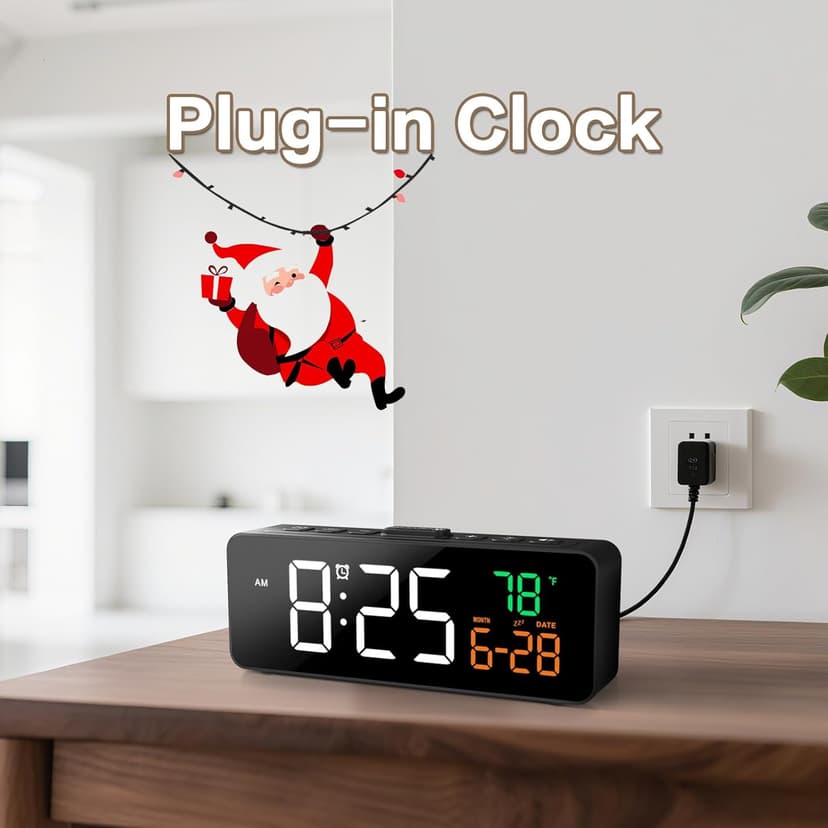Netzu 3-in-1 Digital Clocks for Living Room with Temperature, Date & Time Display - 4 Levels Birghtness, 3 Volumes, Small & Compact Plug-in Alarm Clock for Bedroom, Office (Black)