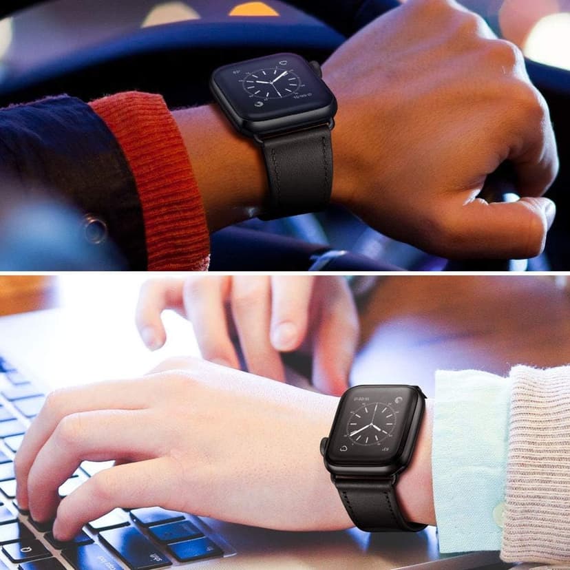 OUHENG Leather Bands Compatible with Apple Watch Band 49mm/46mm/45mm/44mm/42mm, Genuine Leather Strap Compatible with iWatch Ultra 3/2/1 & Series 11/10/9/8/7/6/5/4/3/2/1 & SE3 SE2 SE, Black/Black