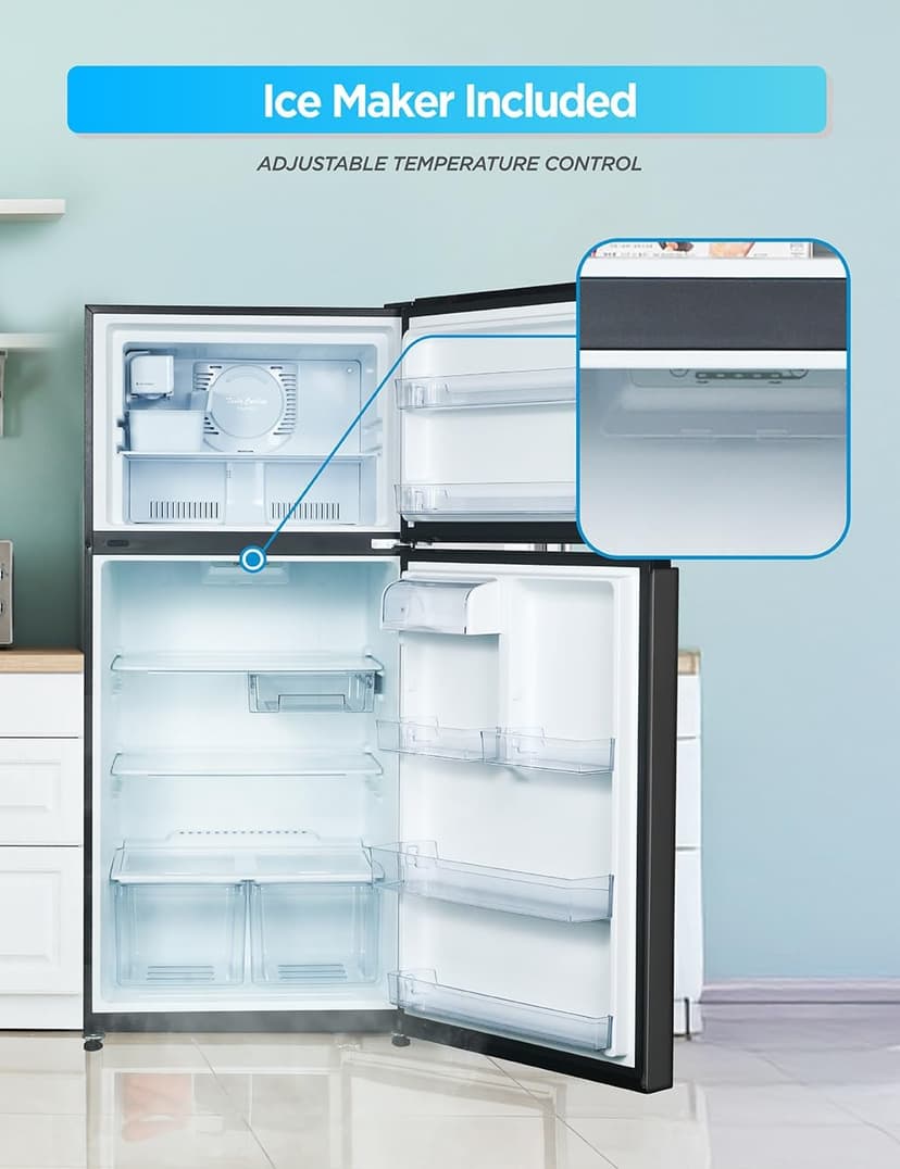 Commercial Cool 20 Cu. Ft. Top Mount Refrigerator with Ice Maker, 2-Door Refrigerator with Top Freezer, Freezer with Icemaker and Adjustable Temperature Control, Energy Star Certified, Black