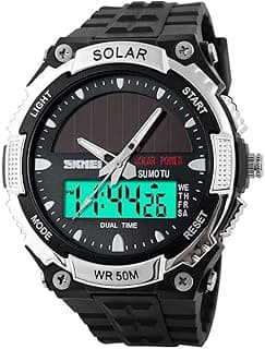 MASTOP Solar Powered Energy Watch for Men Military Digital Multifunctional Led Luminous Indication 2 Time Zone 50m Waterproof Watch Reloj Solar para Hombre