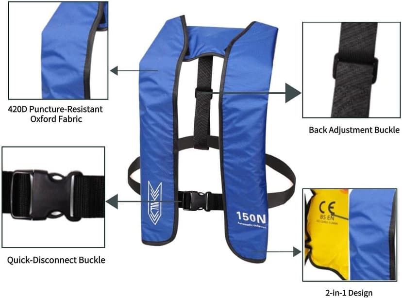 Automatic Inflatable Life Jacket | Low Profile PFD for Adults | Compact Design Self Inflating Life Vest | Supports up to 330 lbs