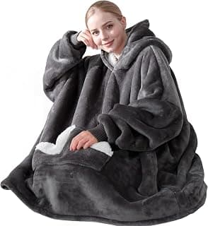 Touchat Wearable Blanket Hoodie, Oversized Sherpa Fleece Sweatshirt Blanket with Giant Hood Pocket and Sleeves for Adult, Warm & Cozy Grey Blanket Gifts for Women
