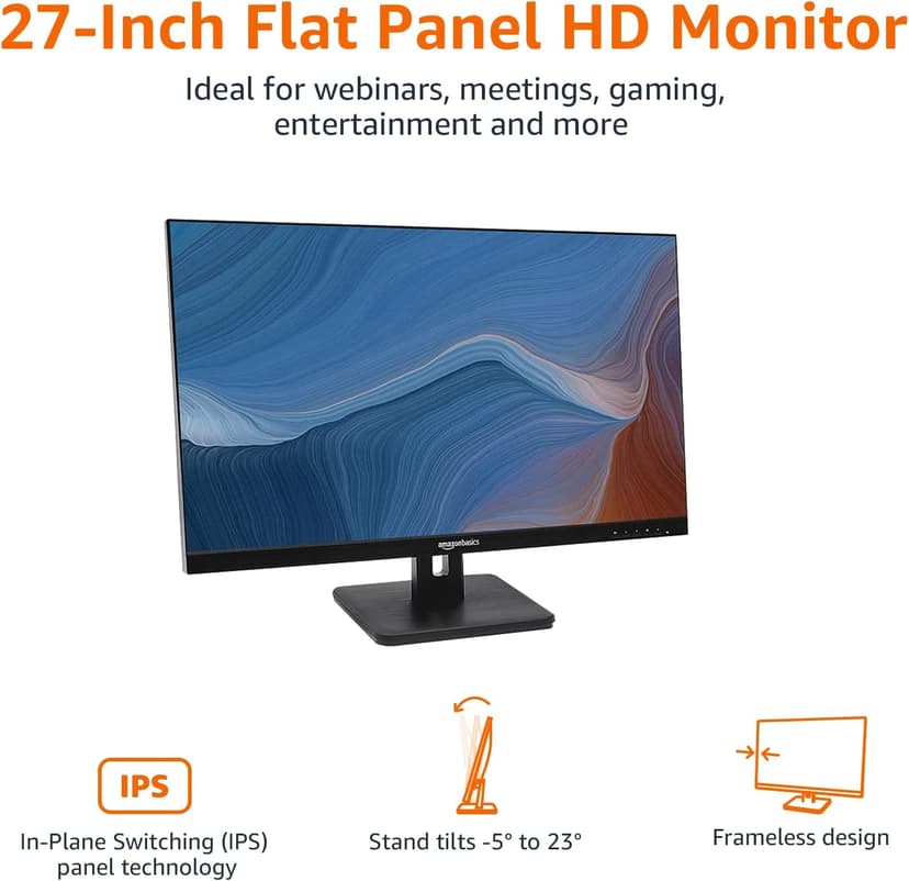 Amazon Basics IPS Monitor 75 Hz Powered with AOC Technology FHD 1080P HDMI, Display Port and VGA Input VESA Compatible Built-in Speakers for Office and Home, 27 in, Black