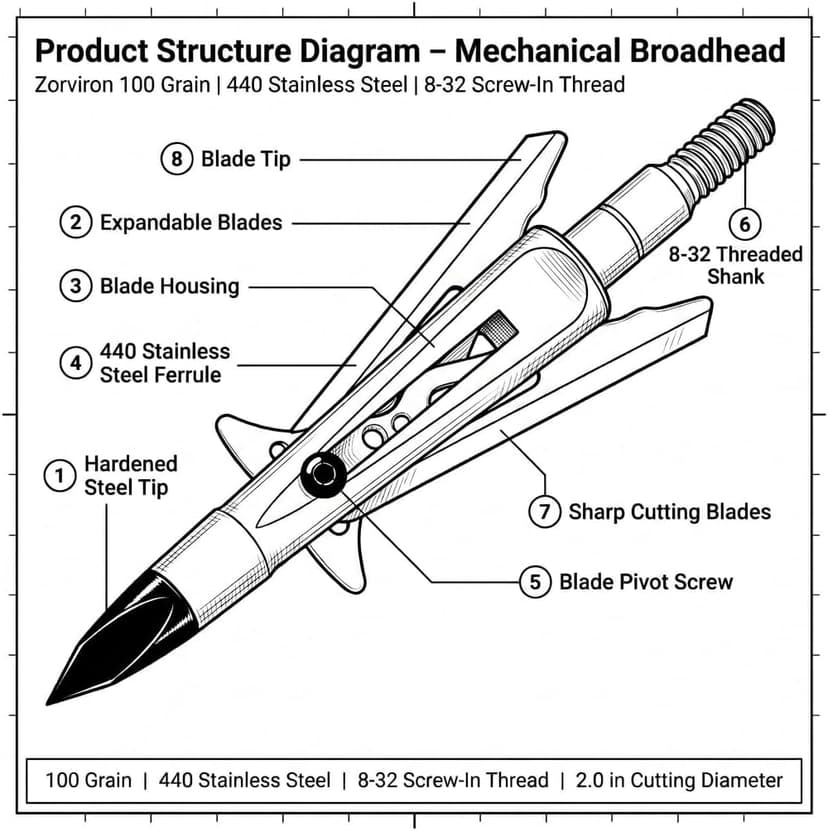 5 Pack Mechanical Expandable Broadheads 100 Grain – Crossbow & Compound Bow Compatible, 2-Inch Cut, 440 Stainless Steel Blades & Chisel Tip, Turkey Deer Small Game Hunting Archery Arrow Tips