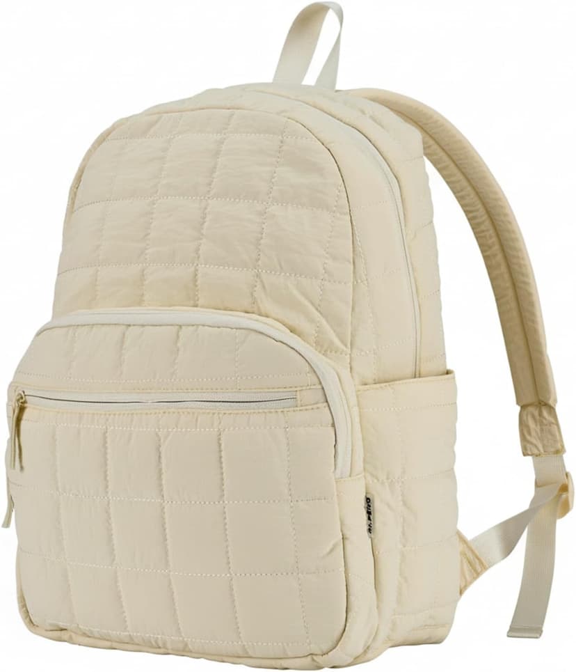 KAILUOLAI Quilted Backpack, Water-Resistant Nylon Bookbag for 15.6 Inch Laptop, College Bookbag Travel Backpack for Men Women (Off-white)