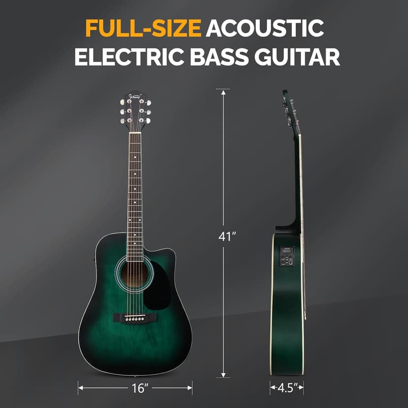 GLARRY Full Size 6 Strings Acoustic Electric Guitar Beginner Kit, Cutaway 41 Inch Electric Acoustic Guitar w/Inbuilt Tuner, Bag, Strap, Picks, Strings, Basswood Guitarra, Matte Distressed Green