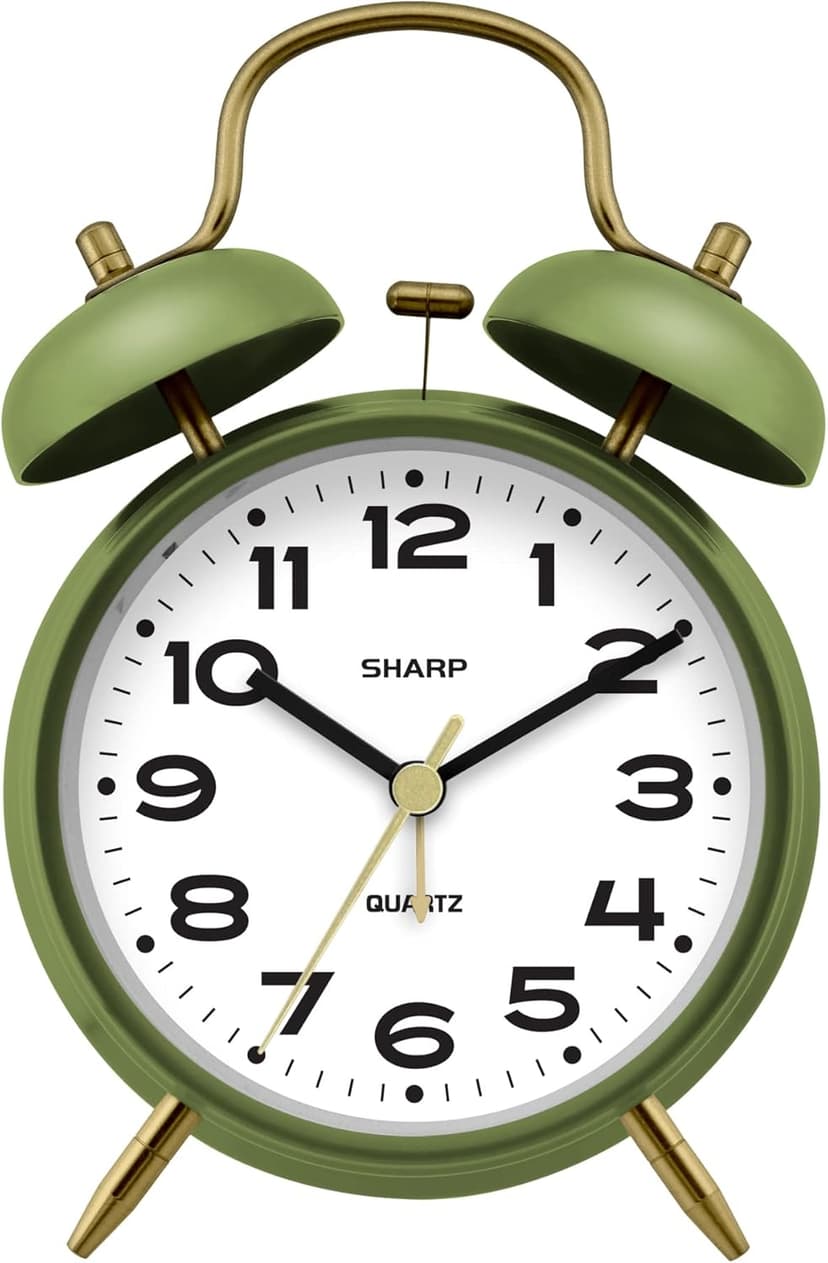 Sharp Twin Bell Alarm Clock, Loud Alarm Great for Heavy Sleepers - Stylish Matte Finish with Rustic Bronze Accents, Battery Operated (Matte Sage)