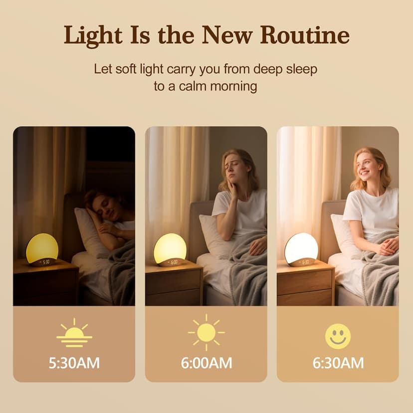 REACHER Wood Grain Sunrise Alarm Clock and Sound Machine Nightlight, Digital Dimmable Clock for Bedroom, 26 Sleep Sounds, White Noise Machine for Baby, Adults, Wake Up Light Alarm Clock for Kids