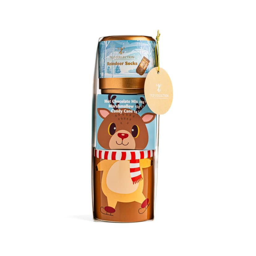 Hot Chocolate Gift Set With Reindeer Mug - Sachets, Mini Marshmallows, Candy Canes and Socks Included