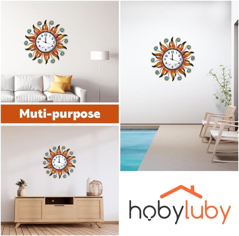 HOBYLUBY Sun Outdoor Clock with Thermometer and Hygrometer Combo, Silent No-Ticking Outdoor Wall Clock, Waterproof Quartz Clock for Patio, Living Room, Kitchen, Garden, 13 Inch