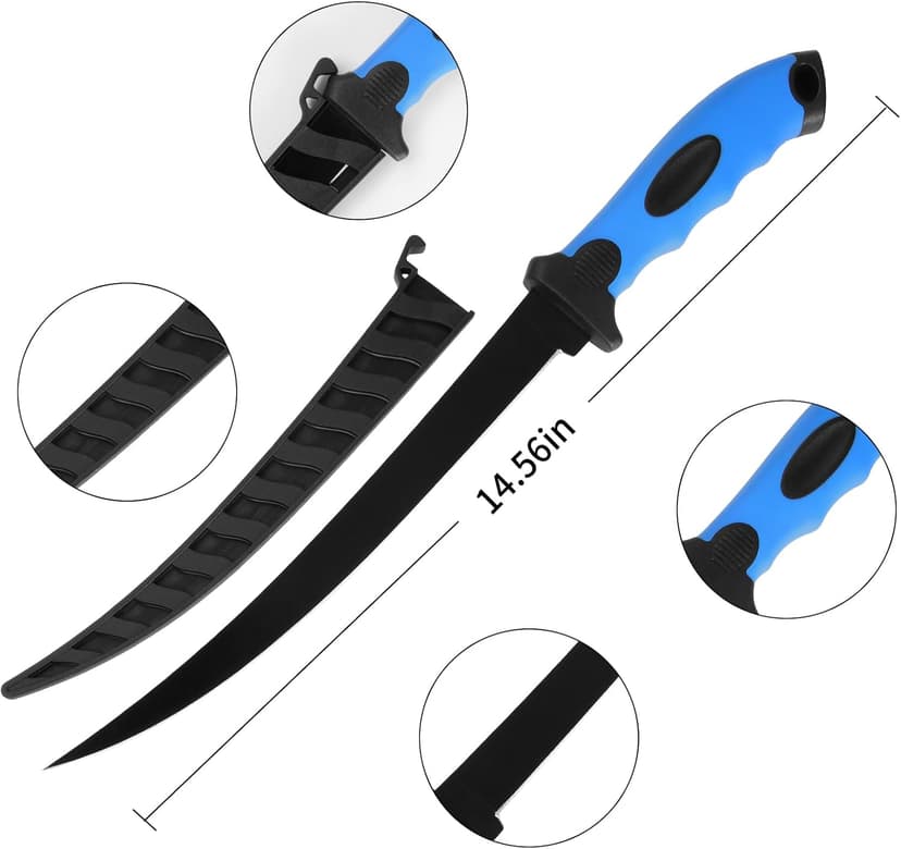 Fish Fillet Knife Set, For Trout Fishing Catfish Cleaning and Meat Cutting, Stainless Steel Blade , Includes 5", 6", 7", 9", XL 9" knife, Sharpening Rod, Glove, Towel, Storage Bag. For Kitchen, Boat