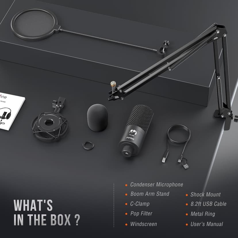 FIFINE Studio Condenser USB Microphone Computer PC Microphone Kit with Adjustable Boom Arm Stand Shock Mount for Instruments Voice Overs Recording Podcasting YouTube Vocal Gaming Streaming-T669